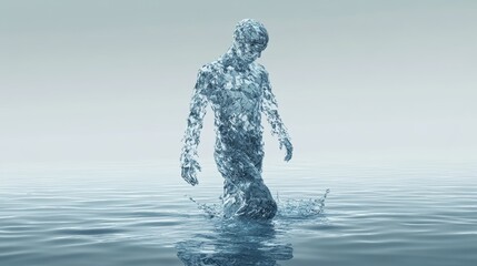 Surreal Ice Human Figure Emerging from Still Water in Dreamlike Environment