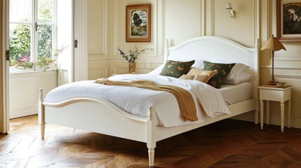 A French country-inspired white wooden bed frame with a classic touch.
