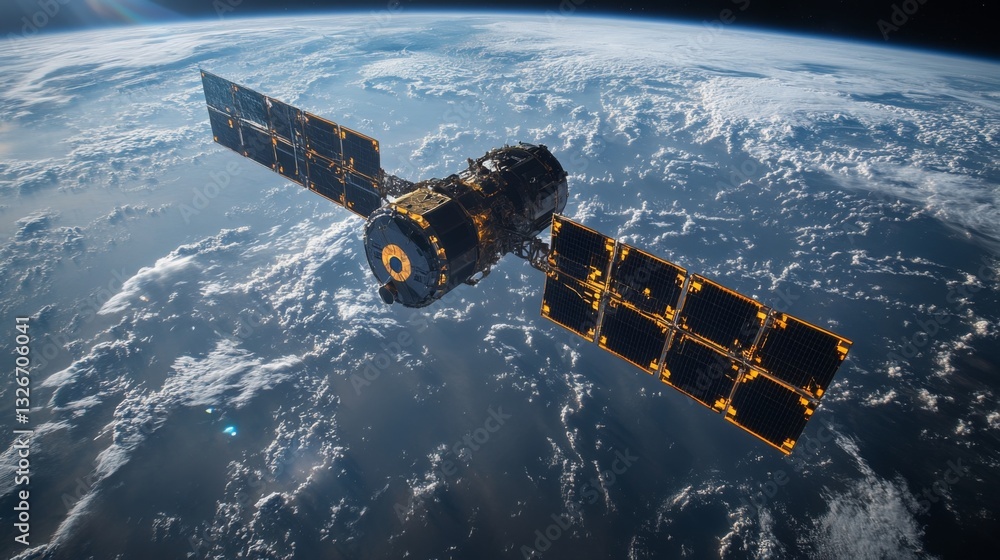 Aufkleber the satellite orbits earth, equipped with solar panels, transmitting telemetry and gps data for navi