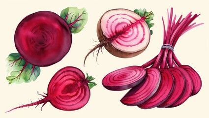 Vibrant Watercolor Beetroot Collection Whole Halved and Sliced Beetroots