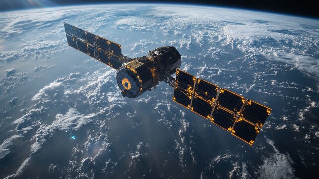 The satellite orbits Earth, equipped with solar panels, transmitting telemetry and GPS data for navigation and positioning purposes. - Powered by Adobe