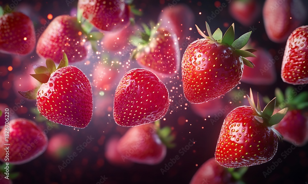 Poster fresh red strawberries floating with subtle sparkling particles present
