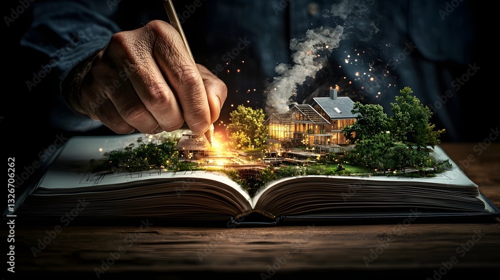 Poster architectural sketch on an open book page depicting a building that constructs itself in real time s