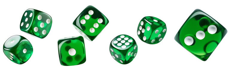 A vibrant collection of green dice in various positions for gaming fun.