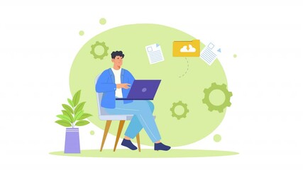  2D animation scene depicts a man using a laptop to download files, highlighting the ease and efficiency of this process. Animated elements like download progress bars