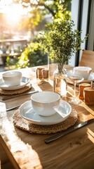 Fototapeta premium Rustic linen dinnerware set on a charming wooden table at golden hour close-up photography of textures and warm light