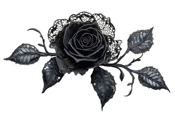 Intricate black lace rose on transparent background