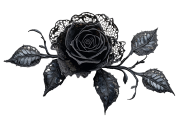 Intricate black lace rose on transparent background