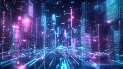 Obraz premium Futuristic City, Digital Architecture, Neon Glow