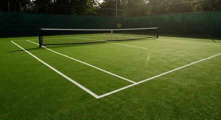 Fototapeta premium Empty Tennis Court with Green Surface and Net Ready for Game