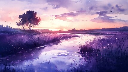 Serene sunset over purple lavender field and calm river.