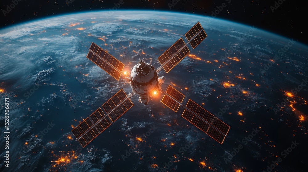 Aufkleber a satellite is positioned in low earth orbit, equipped with multiple solar panels, transmitting cruc