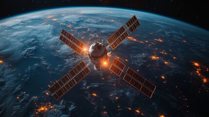 A satellite is positioned in low Earth orbit, equipped with multiple solar panels, transmitting crucial telemetry data while providing broadband connectivity to various regions.