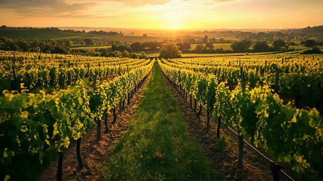 Golden sunset over lush vineyards illuminating rolling hills and scenic landscape