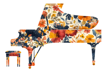 Elegant floral grand piano with matching stool design