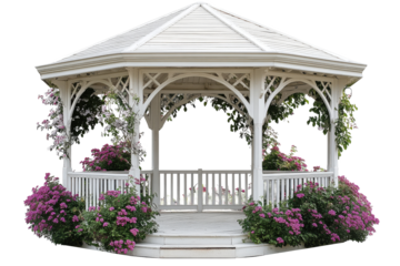 Charming gazebo with vibrant flowers in bloom