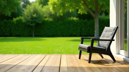 Fototapeta premium Relaxing Solitude on a Sunny Day A Modern Chair on a Wooden Deck Overlooking a Lush Green Lawn