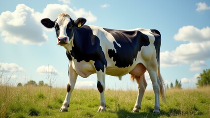 A Holstein bull standing in a grassy field under a blue sky with scattered clouds.