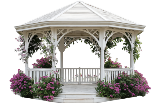 Charming gazebo with vibrant flowers in bloom
