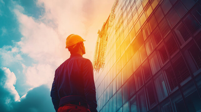 A visionary civil engineer standing proudly in front of a futuristic skyscraper under construction, symbolizing excellence in engineering.