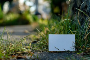 White Blank Business Card on Ground Surrounded by Green Grass