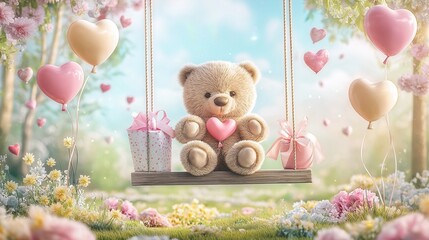 A fluffy teddy bear on a wooden swing in a dreamy meadow, surrounded by pastel flowers, heart-shaped balloons, and a cute gift bag.