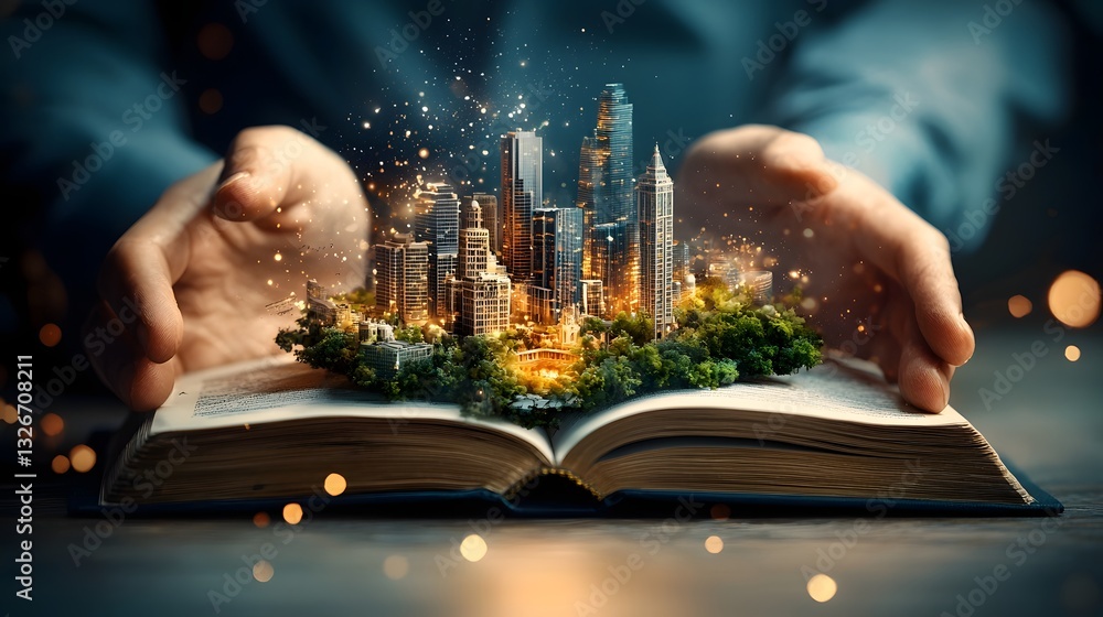 Poster architectural evolution an open book revealing a swirling vortex of classical and futuristic structu