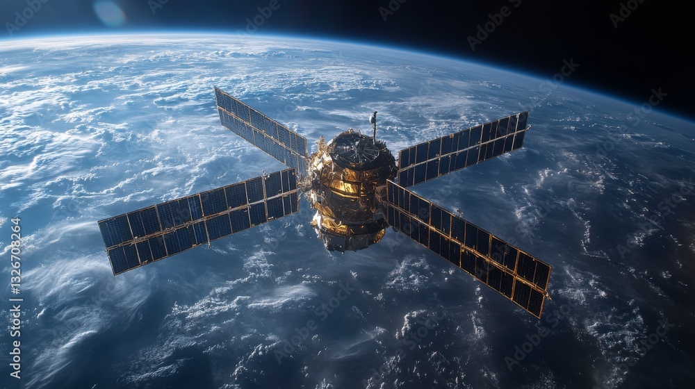 Aufkleber A satellite orbits Earth, equipped with solar panels, transmitting telemetry and positioning signals for global navigation and tracking applications.