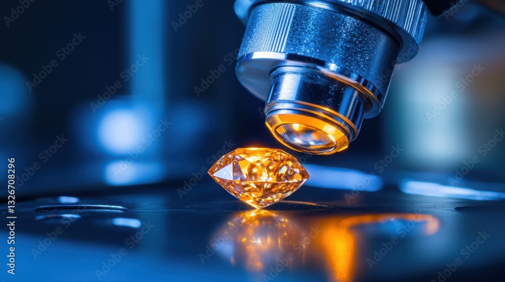 Poster a macro shot of a diamond being analyzed under a high-powered microscope