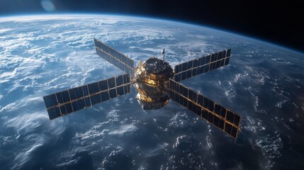 Obraz premium A satellite orbits Earth, equipped with solar panels, transmitting telemetry and positioning signals for global navigation and tracking applications.