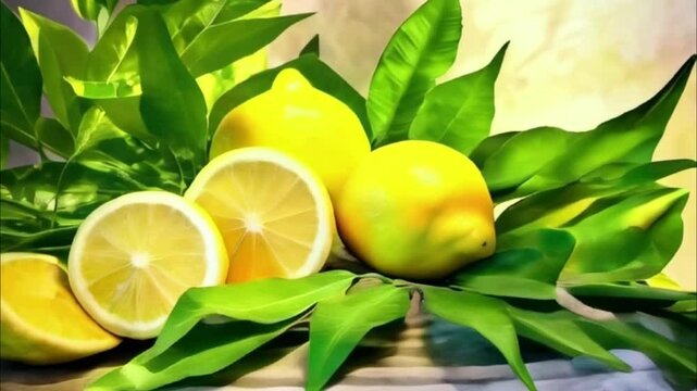 Lemon with leaves for celebration holiday sukkot, abstract vivid composition consists of background