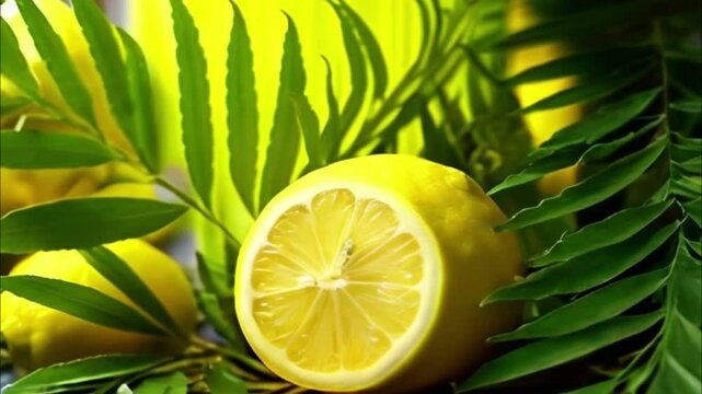 Lemon with leaves for celebration holiday sukkot, abstract vivid composition consists of background