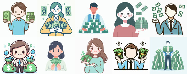 cartoon illustration of people with a lot of money. success, rich, finance.