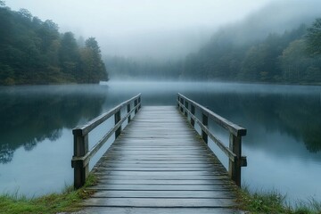 Fototapeta premium A wooden pier extends out over a misty mountain lake setting