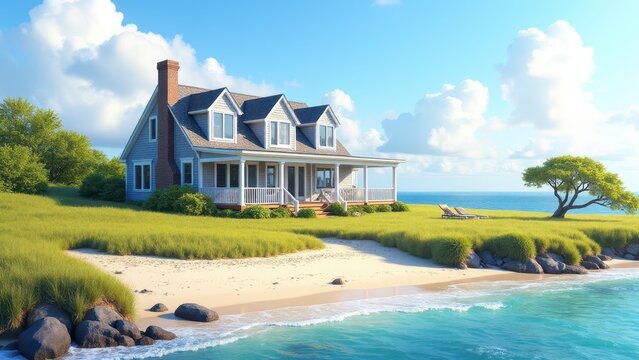 A beautiful Cape Cod beach house with a large porch overlooking the ocean, surrounded by lush greenery and a sandy beach.