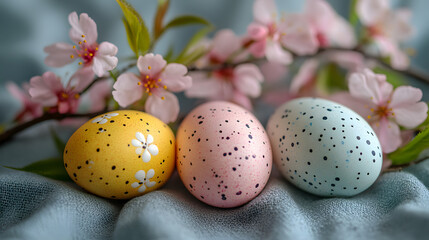 Fototapeta premium Easter Eggs with Flowers on a Fabric Background for Holiday Decoration