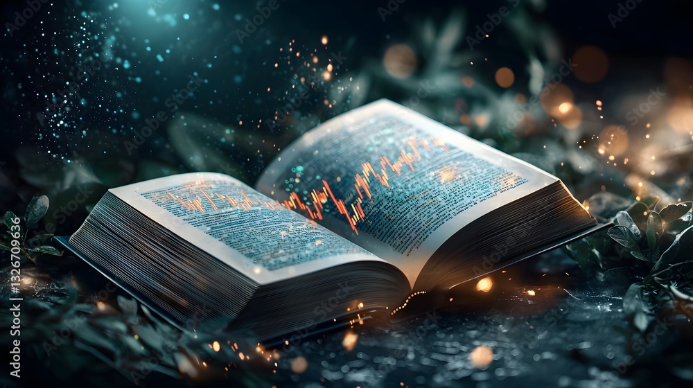 Poster glowing 3d market graph with fluctuating red and green lines displayed in the pages of an open book 