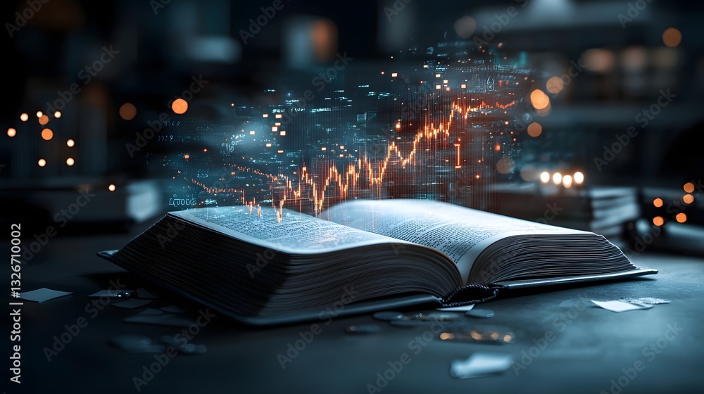 Poster photograph of an open book displaying a 3 dimensional market chart with dynamic red and green lines 