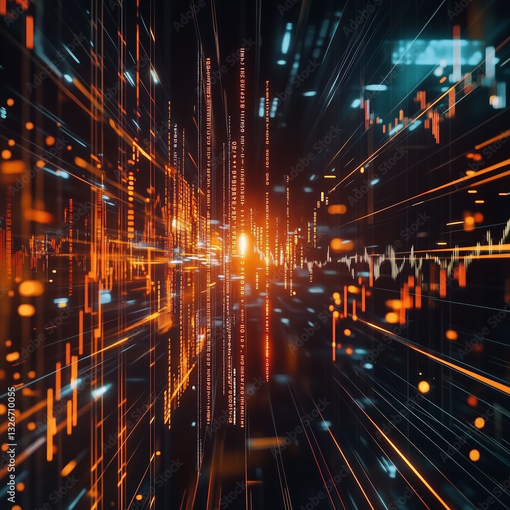 Poster abstract digital art with bright lines and glowing effects. explosion of financial graphs and number