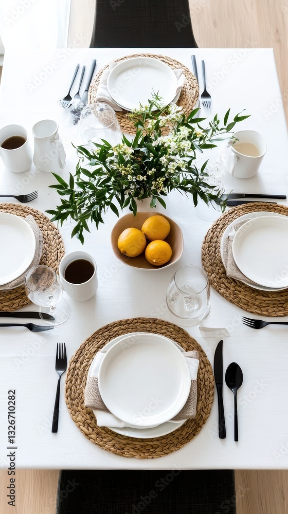 Poster minimalist table setting with linen napkins modern dining room photography soft natural light topdow