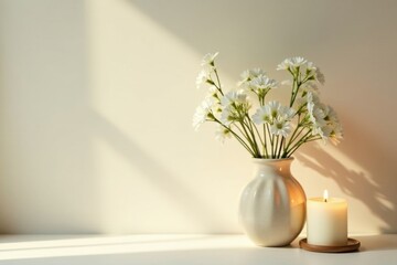 Serene Still Life White Blossoms in a Ceramic Vase, Illuminated by Soft Sunlight, Accompanied by a Lit Candle on a Wooden Tray
