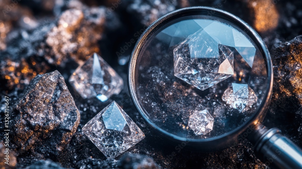 Poster a macro view of a diamond under a grading loupe, determining its market value
