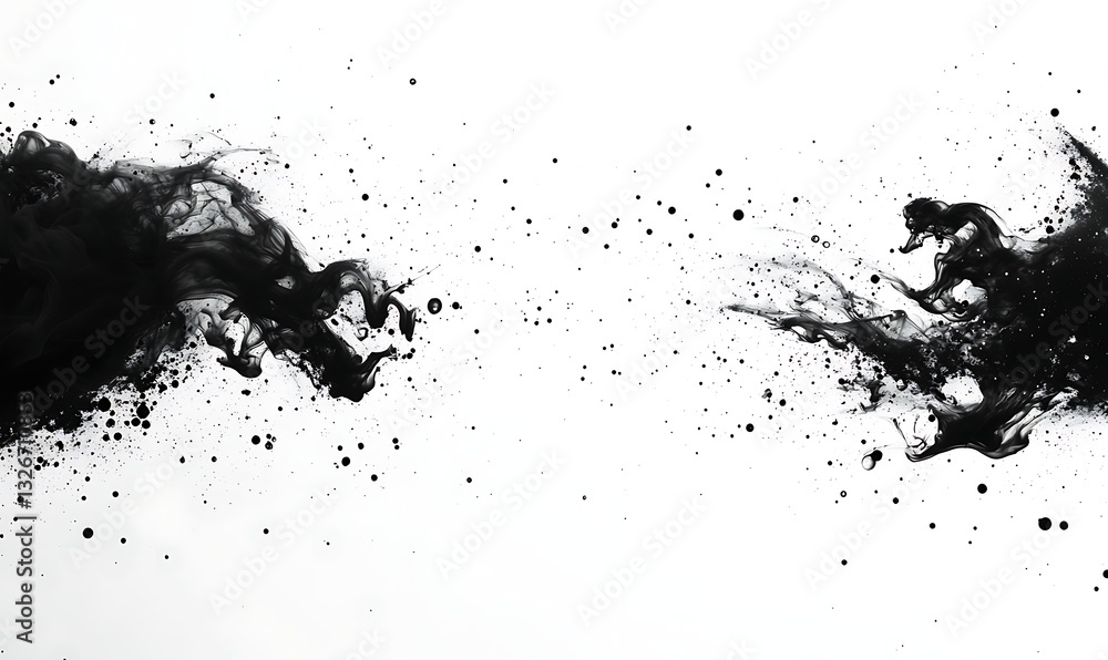 Poster Abstract black ink splashes on a white background creating a dynamic visual effect.