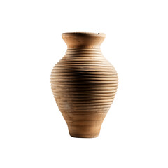 A beige clay vase with a horizontal striped pattern, against a b