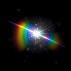 Vibrant Rainbow Refraction & Prism Lens Flares on Black Background with Holographic Reflections, Crystal Light Leaks, Disco Ball Texture, Shadow Overlay