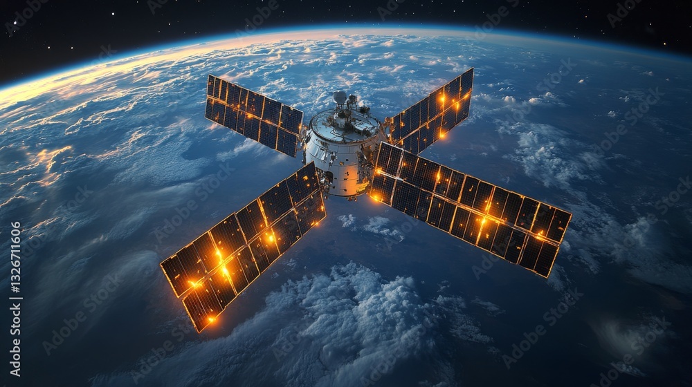 Poster A satellite in low Earth orbit uses solar panels to capture energy while transmitting telemetry signals. Its tracking systems provide crucial positioning data for navigation.