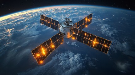 A satellite in low Earth orbit uses solar panels to capture energy while transmitting telemetry signals. Its tracking systems provide crucial positioning data for navigation.