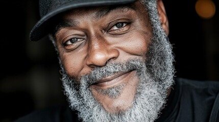 Happy Senior Man Portrait  Close up Black and White Smile  Grey Beard   Peaceful  Contentm