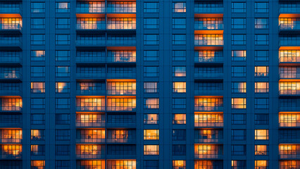 glass windows of an residential building. Warm light shines from the windows. night lifestyle. Generative Ai