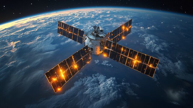 A satellite in low Earth orbit uses solar panels to capture energy while transmitting telemetry signals. Its tracking systems provide crucial positioning data for navigation. - Powered by Adobe